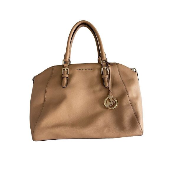 Michael Kors Womens Tan Double Handle Leather Ciara Saffiano Top Zip Satchel